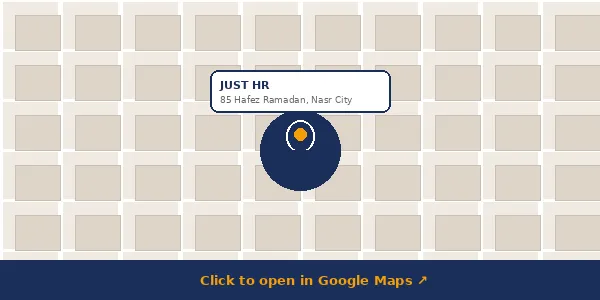 JUST HR Office — 85 Hafez Ramadan St., Nasr City, Cairo. Click to open in Google Maps.